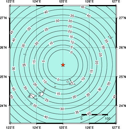 緊急地震速報第1報提供から主要動到達までの時間及び推計震度分布図