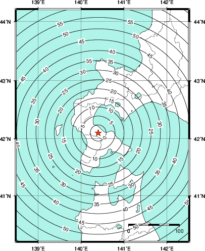 緊急地震速報第1報提供から主要動到達までの時間及び推計震度分布図