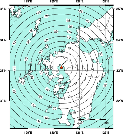 緊急地震速報第1報提供から主要動到達までの時間及び推計震度分布図