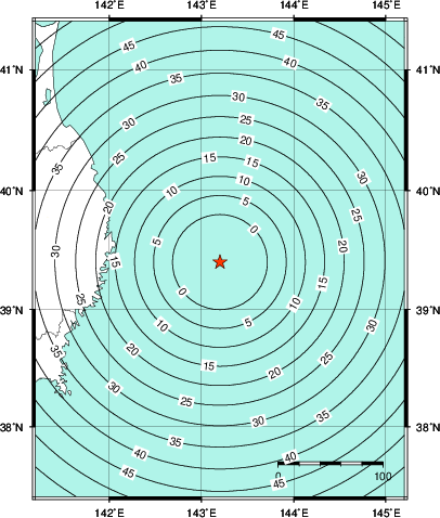 緊急地震速報第1報提供から主要動到達までの時間及び推計震度分布図