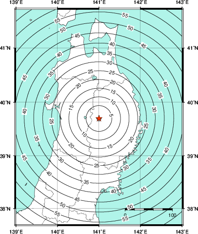 緊急地震速報第1報提供から主要動到達までの時間及び推計震度分布図