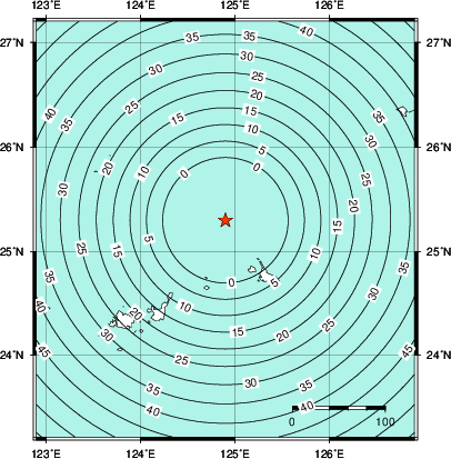 緊急地震速報第1報提供から主要動到達までの時間及び推計震度分布図