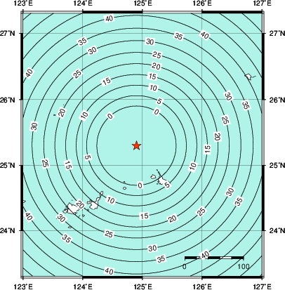 緊急地震速報第1報提供から主要動到達までの時間及び推計震度分布図