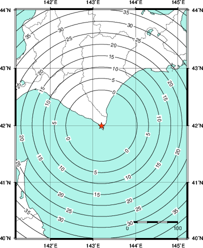 緊急地震速報第1報提供から主要動到達までの時間及び推計震度分布図