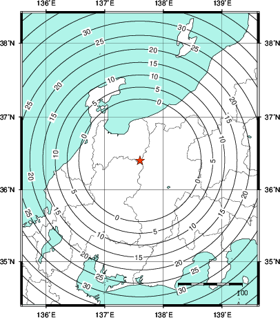 緊急地震速報第1報提供から主要動到達までの時間及び推計震度分布図