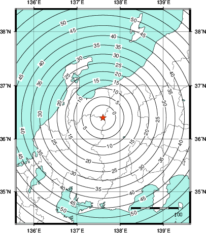 緊急地震速報第1報提供から主要動到達までの時間及び推計震度分布図