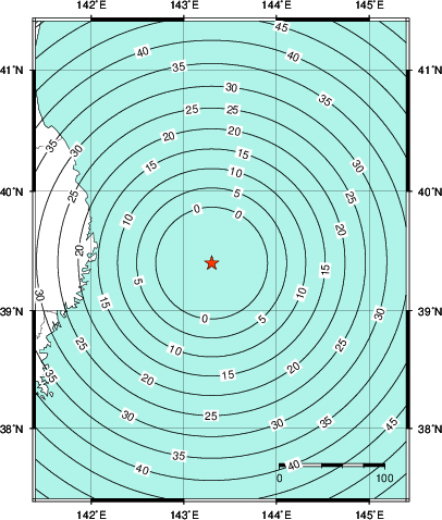 緊急地震速報第1報提供から主要動到達までの時間及び推計震度分布図