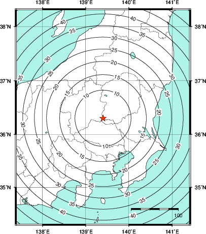 緊急地震速報第1報提供から主要動到達までの時間及び推計震度分布図