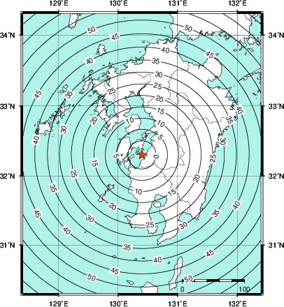 緊急地震速報第1報提供から主要動到達までの時間及び推計震度分布図