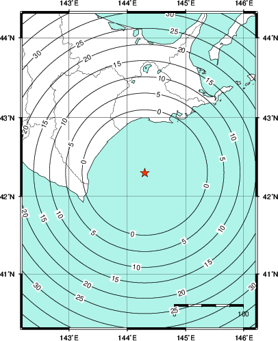 緊急地震速報第1報提供から主要動到達までの時間及び推計震度分布図