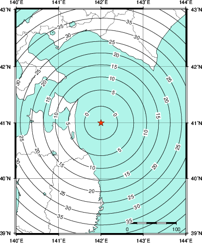 緊急地震速報第1報提供から主要動到達までの時間及び推計震度分布図