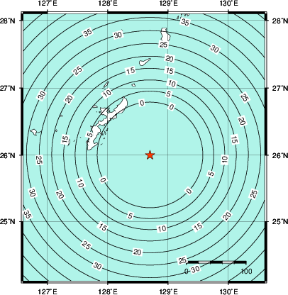 緊急地震速報第1報提供から主要動到達までの時間及び推計震度分布図