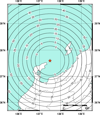 緊急地震速報第1報提供から主要動到達までの時間及び推計震度分布図
