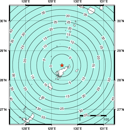 緊急地震速報第1報提供から主要動到達までの時間及び推計震度分布図