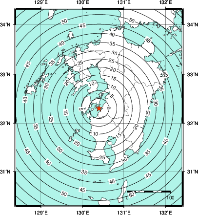 緊急地震速報第1報提供から主要動到達までの時間及び推計震度分布図