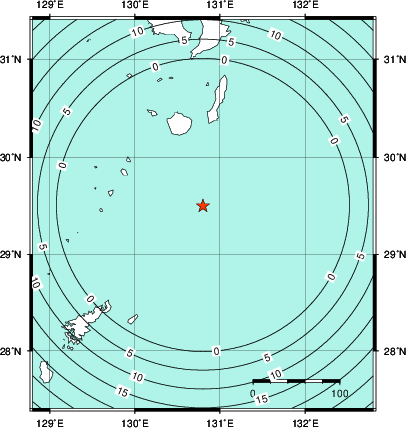 緊急地震速報第1報提供から主要動到達までの時間及び推計震度分布図