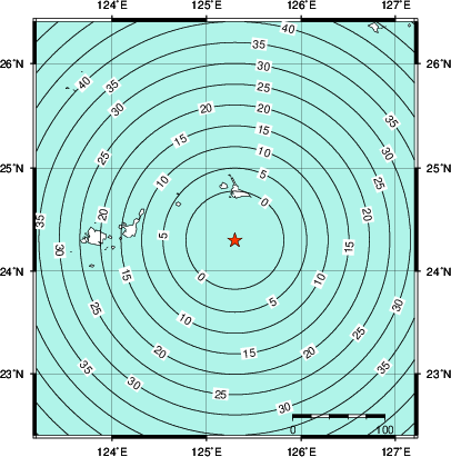 緊急地震速報第1報提供から主要動到達までの時間及び推計震度分布図