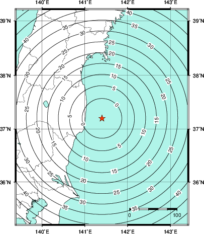緊急地震速報第1報提供から主要動到達までの時間及び推計震度分布図