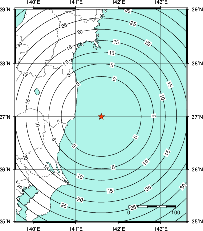 緊急地震速報第1報提供から主要動到達までの時間及び推計震度分布図