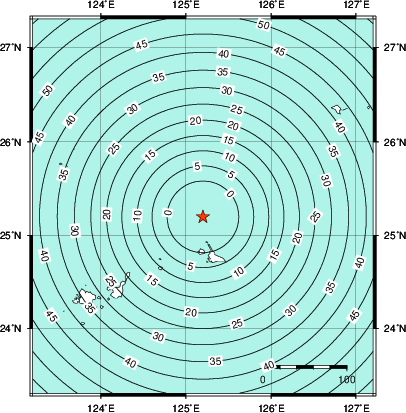 緊急地震速報第1報提供から主要動到達までの時間及び推計震度分布図