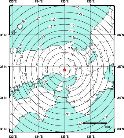 緊急地震速報第1報提供から主要動到達までの時間及び推計震度分布図