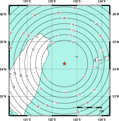 緊急地震速報第1報提供から主要動到達までの時間及び推計震度分布図