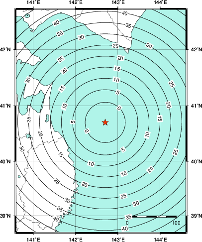 緊急地震速報第1報提供から主要動到達までの時間及び推計震度分布図