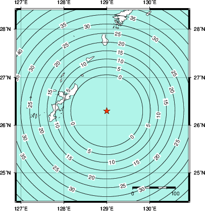 緊急地震速報第1報提供から主要動到達までの時間及び推計震度分布図