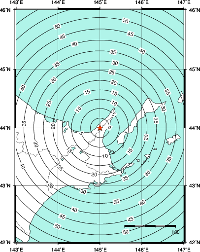 緊急地震速報第1報提供から主要動到達までの時間及び推計震度分布図