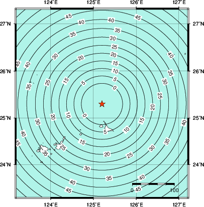 緊急地震速報第1報提供から主要動到達までの時間及び推計震度分布図