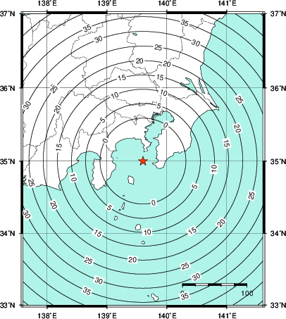 緊急地震速報第1報提供から主要動到達までの時間及び推計震度分布図