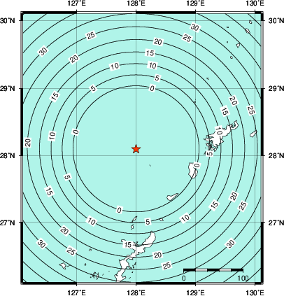 緊急地震速報第1報提供から主要動到達までの時間及び推計震度分布図