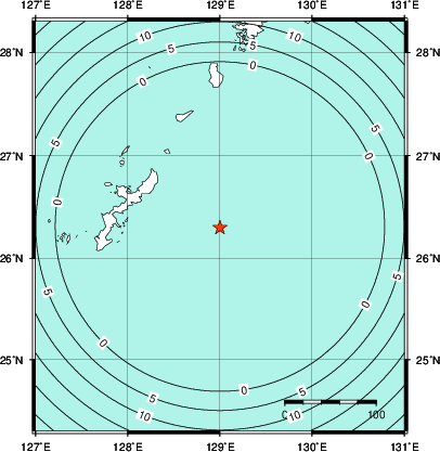 緊急地震速報第1報提供から主要動到達までの時間及び推計震度分布図
