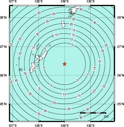 緊急地震速報第1報提供から主要動到達までの時間及び推計震度分布図