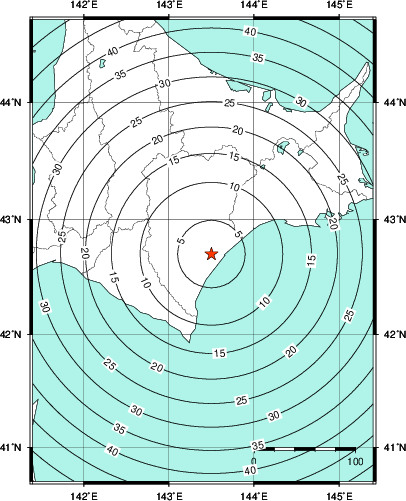 緊急地震速報第1報提供から主要動到達までの時間及び推計震度分布図