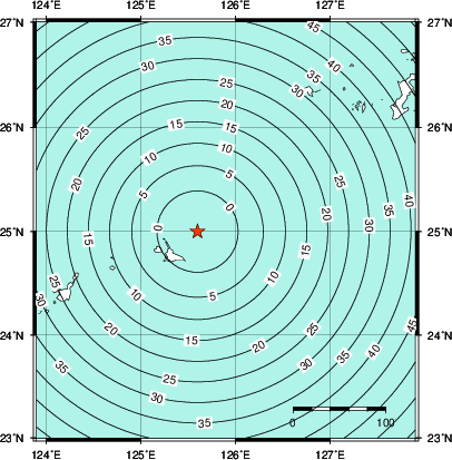 緊急地震速報第1報提供から主要動到達までの時間及び推計震度分布図