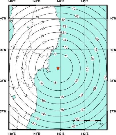 緊急地震速報第1報提供から主要動到達までの時間及び推計震度分布図