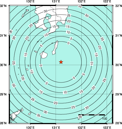 緊急地震速報第1報提供から主要動到達までの時間及び推計震度分布図