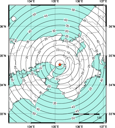 緊急地震速報第1報提供から主要動到達までの時間及び推計震度分布図