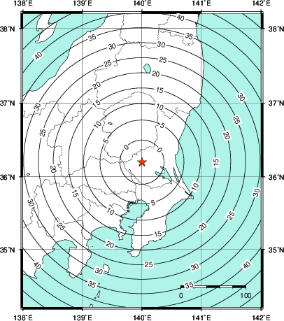 緊急地震速報第1報提供から主要動到達までの時間及び推計震度分布図