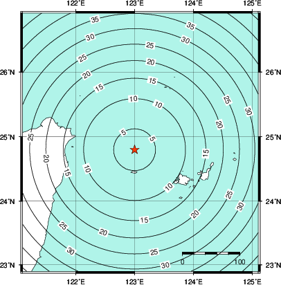 緊急地震速報第1報提供から主要動到達までの時間及び推計震度分布図