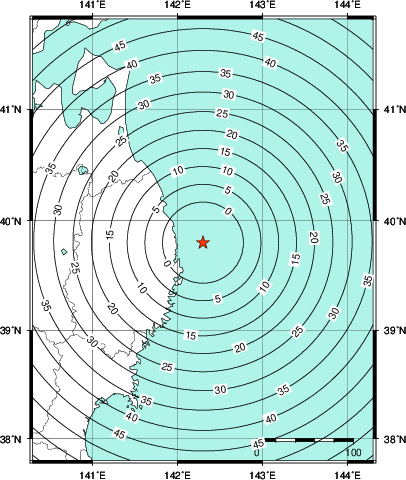 緊急地震速報第1報提供から主要動到達までの時間及び推計震度分布図