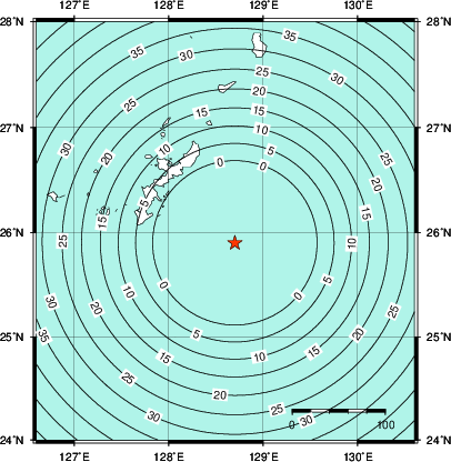 緊急地震速報第1報提供から主要動到達までの時間及び推計震度分布図