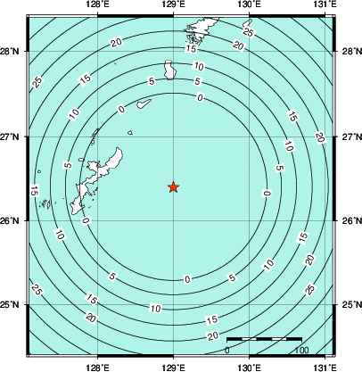 緊急地震速報第1報提供から主要動到達までの時間及び推計震度分布図
