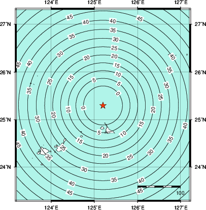 緊急地震速報第1報提供から主要動到達までの時間及び推計震度分布図