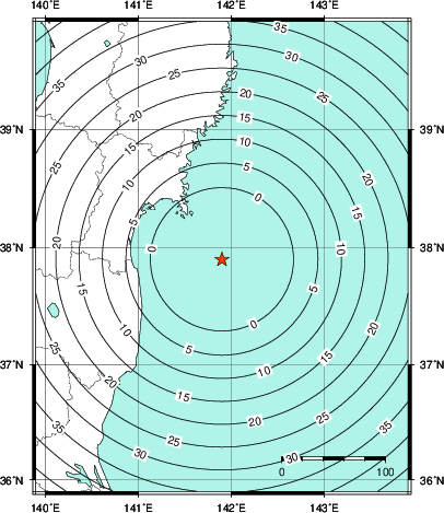 緊急地震速報第1報提供から主要動到達までの時間及び推計震度分布図