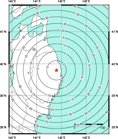 緊急地震速報第1報提供から主要動到達までの時間及び推計震度分布図