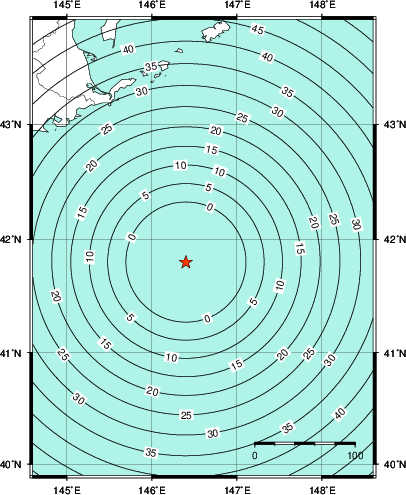 緊急地震速報第1報提供から主要動到達までの時間及び推計震度分布図