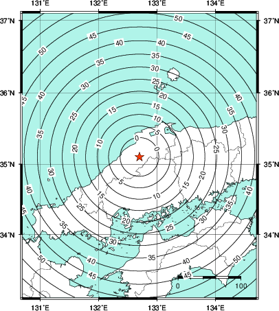 緊急地震速報第1報提供から主要動到達までの時間及び推計震度分布図