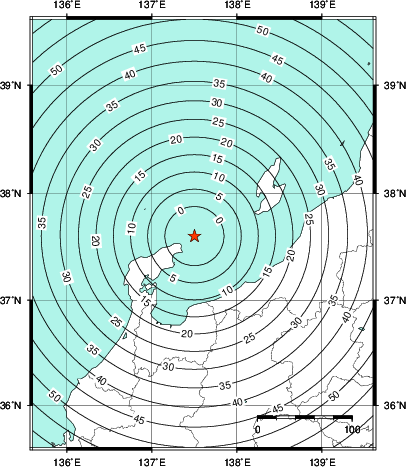 緊急地震速報第1報提供から主要動到達までの時間及び推計震度分布図